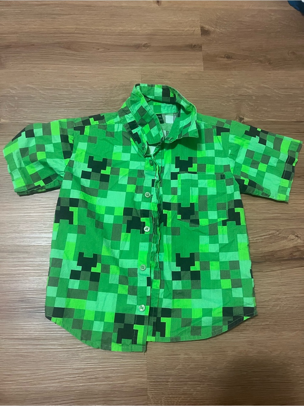 Boys' Bright Green Pixel-Block Short Sleeve Button-Up Shirt